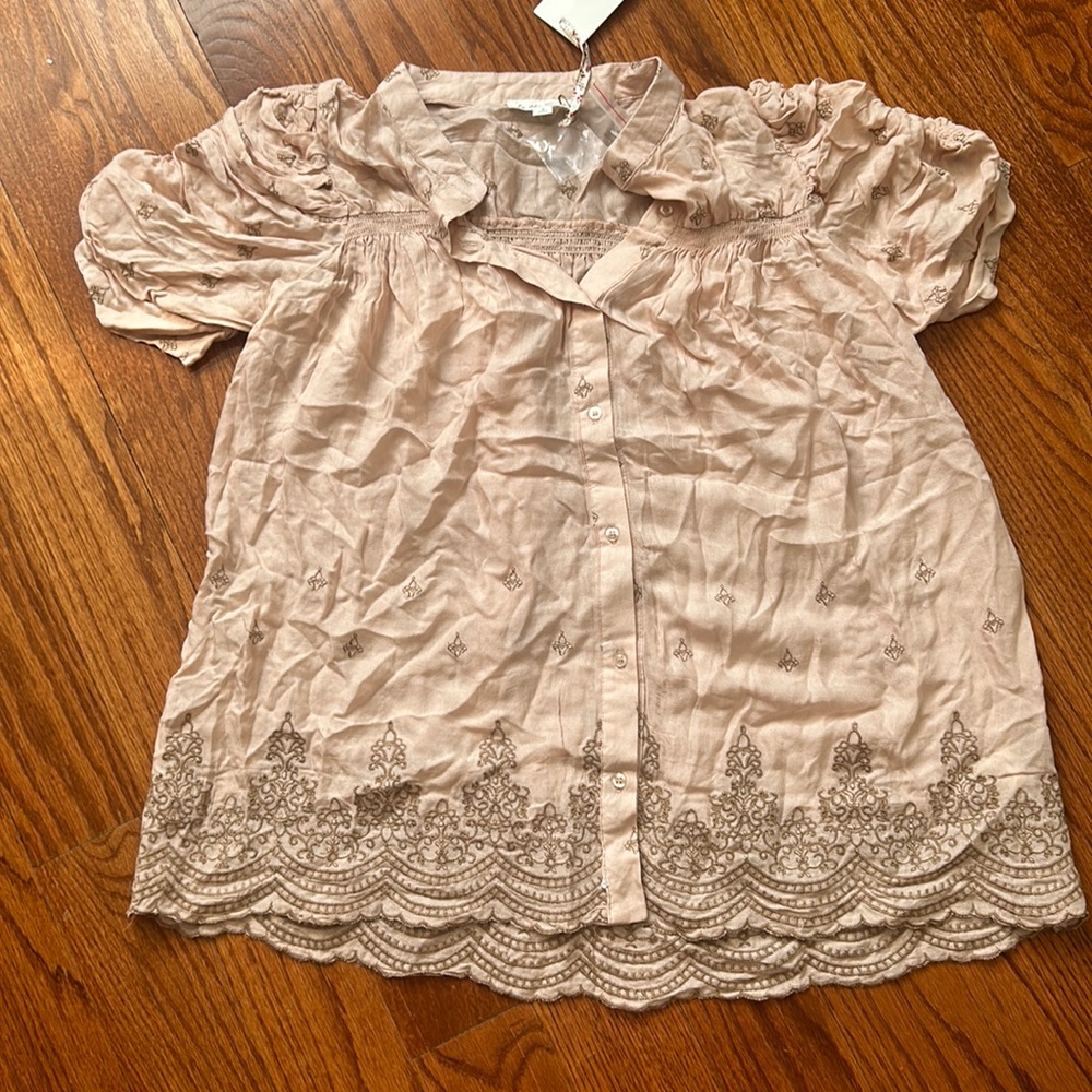 By the River Champagne Pink Button Down Blouse with Embroidery New with Tags